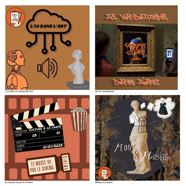 Visuels des quatre premiers épisodes du podcast Culture à la carte.