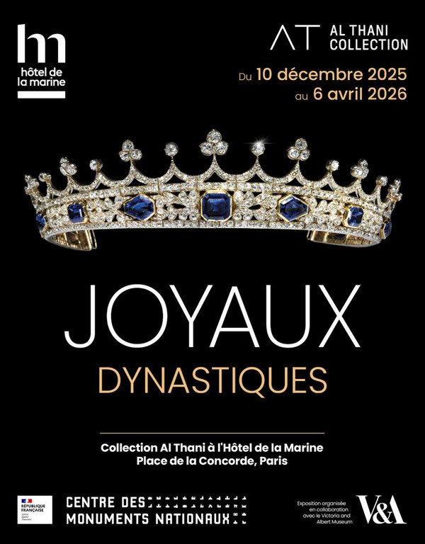 Affiche de l’exposition. Sur un fond noir est représenté un diadème de la reine Victoria, en saphirs et diamants or et argent.